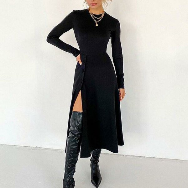 Sexy Black Round Neck Plain Midi Dress