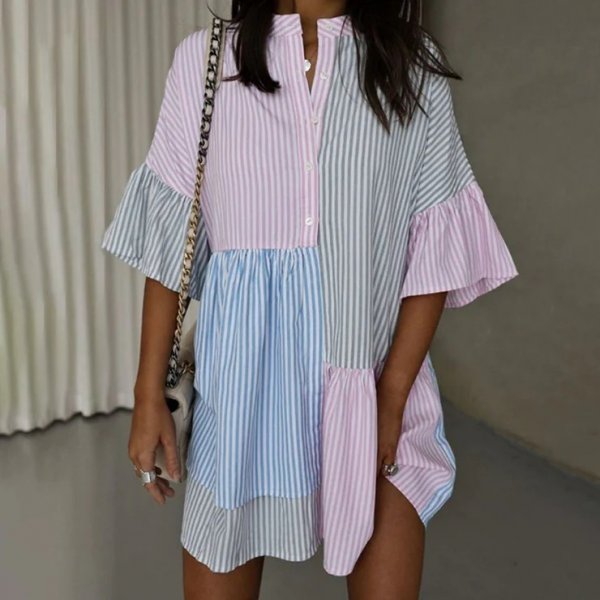 Youthful Striped Print 3/4 Sleeve Mini Dress